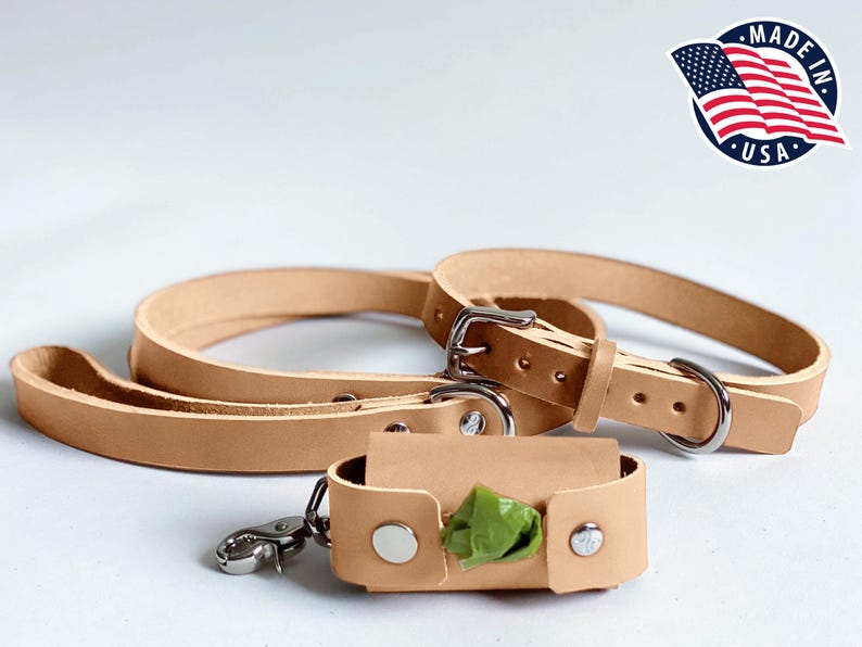 May include: A natural tan leather dog leash and collar set with silver-toned metal hardware, including a buckle and D-ring. A matching tan leather waste bag dispenser is attached with a silver metal swivel clip, containing a green plastic bag.