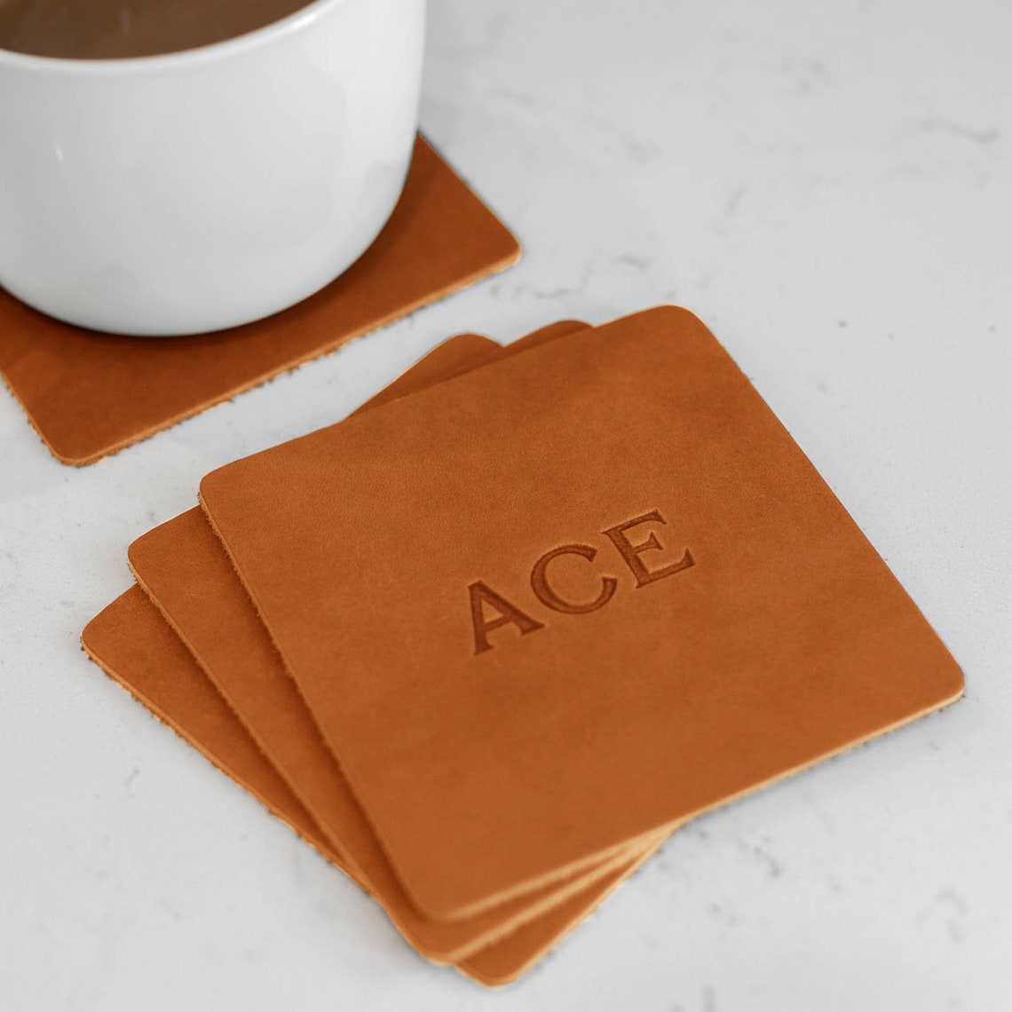 Custom Leather Square Coasters Set of 4. Monogram Coaster Etsy
