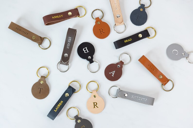 Custom Leather Circle Key Fob. Monogrammed Personalized Full Grain Leather Key Chain. Made In USA. Silver/Gold Foil Options. Leather Charm. image 7