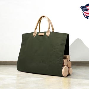 Northwind Personalized Canvas Firewood Log Carrier, Handmade in USA, Full Grain Leather Handles, Custom Leather Patch Tote