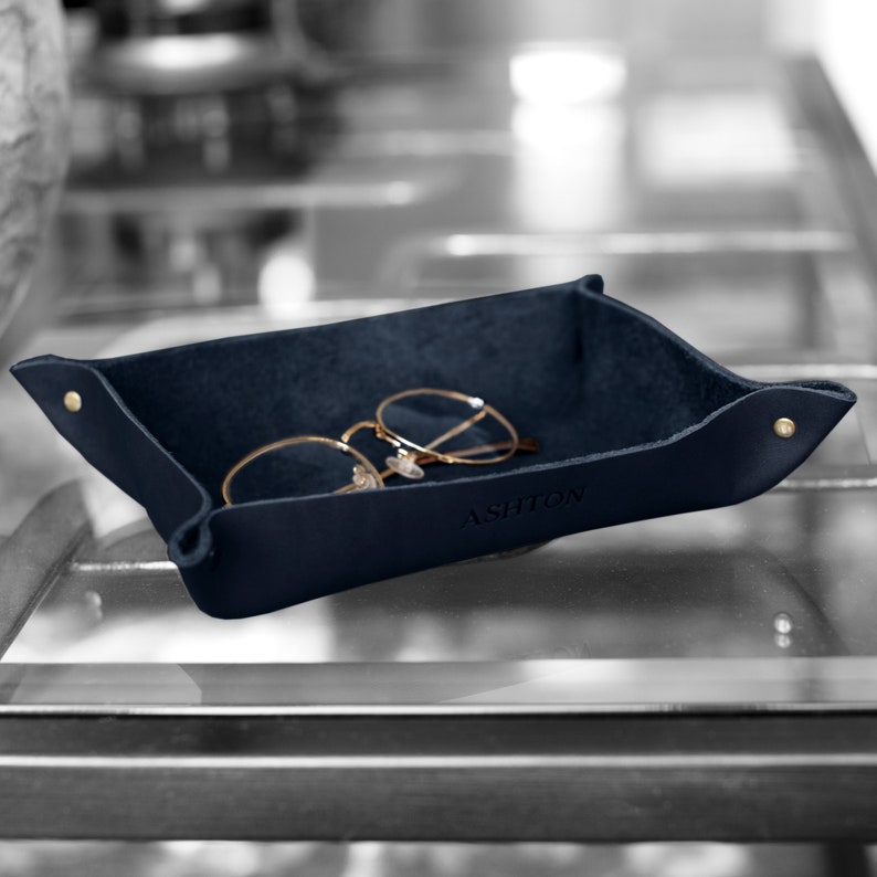 Personalized Leather Valet Tray. Personalized Full Grain Leather Catchall. Desk Organizer. Corporate Gift. Engraved Leather Tray. For Him. Navy w/ No Foil