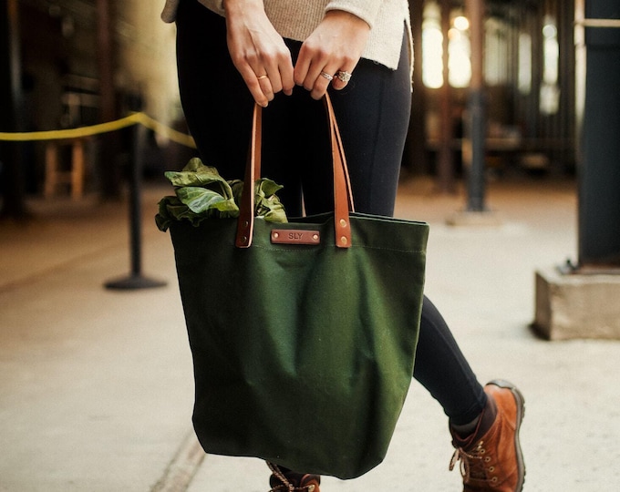 Personalized Canvas Tote Bag with Leather Handles, Custom Initials Grocery Bag, Made in USA