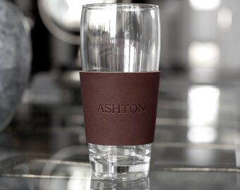 Custom Leather Pint Glass Sleeve. Personalized Leather Wrap. Personalized Drink Wrap. Monogrammed Coffee Sleeve. Personalized Beer Holder.