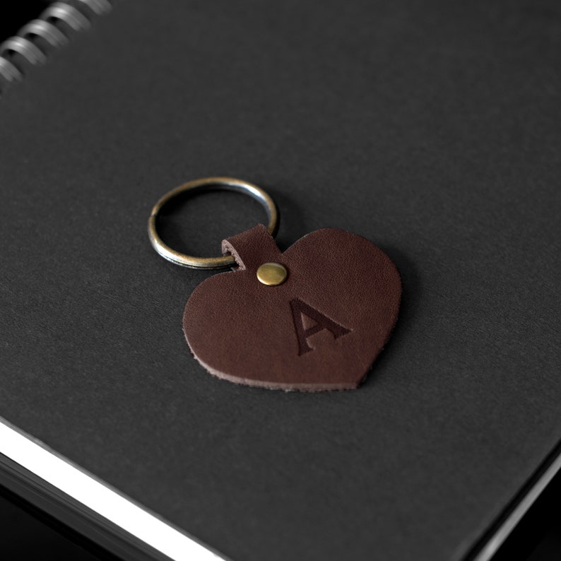 Custom Leather Heart Keychain. Personalized Key fob. Monogrammed Full Grain Leather key chain. Made in USA. Gold and Silver Foil Available. Red Maple