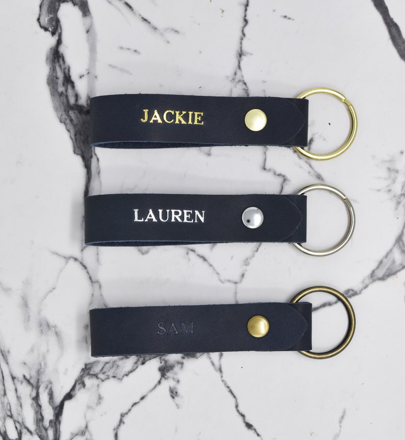 Limited Edition Indigo Personalized Leather Keychain. Indigo Leather key chain. Handmade in USA. Gold and Silver Foil Available. image 3