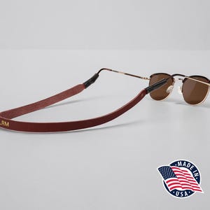 Northwind Personalized Sunglass Strap Custom Eyeglass Strap Engraved Full Grain Leather Eyewear Retainer Handmade USA Stylish Glasses Holder Red Maple