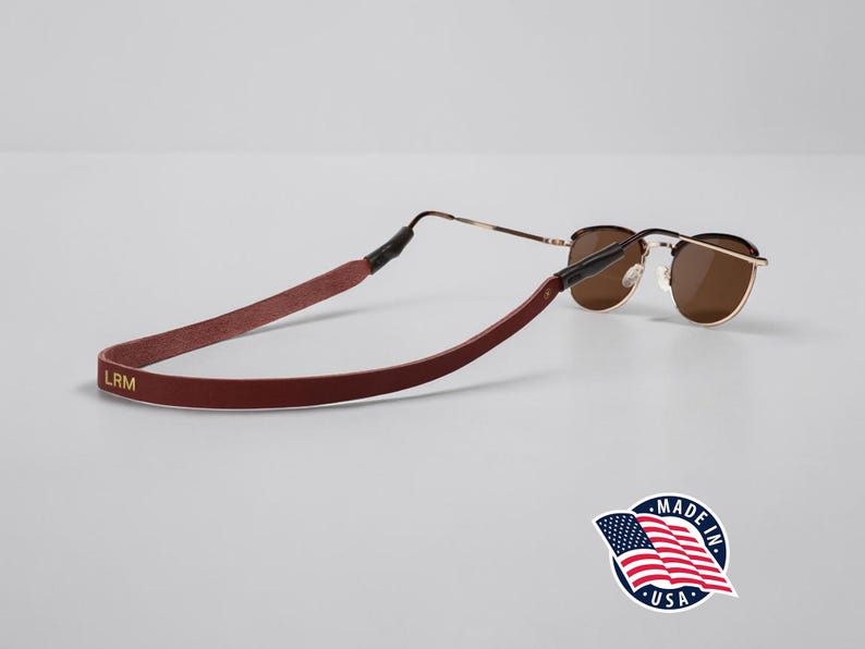 Northwind Personalized Sunglass Strap Custom Eyeglass Strap Engraved Full Grain Leather Eyewear Retainer Handmade USA Stylish Glasses Holder Red Maple
