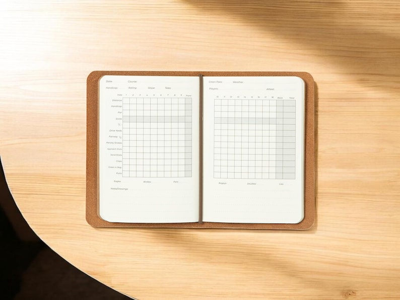 Puede incluir: Cuaderno abierto con p&aacute;ginas de cuadr&iacute;cula, dentro de una cubierta de cuero marr&oacute;n, sobre una superficie de madera clara. El cuaderno est&aacute; abierto, revelando dos p&aacute;ginas enfrentadas con un patr&oacute;n de cuadr&iacute;cula para rastrear o llevar un diario.