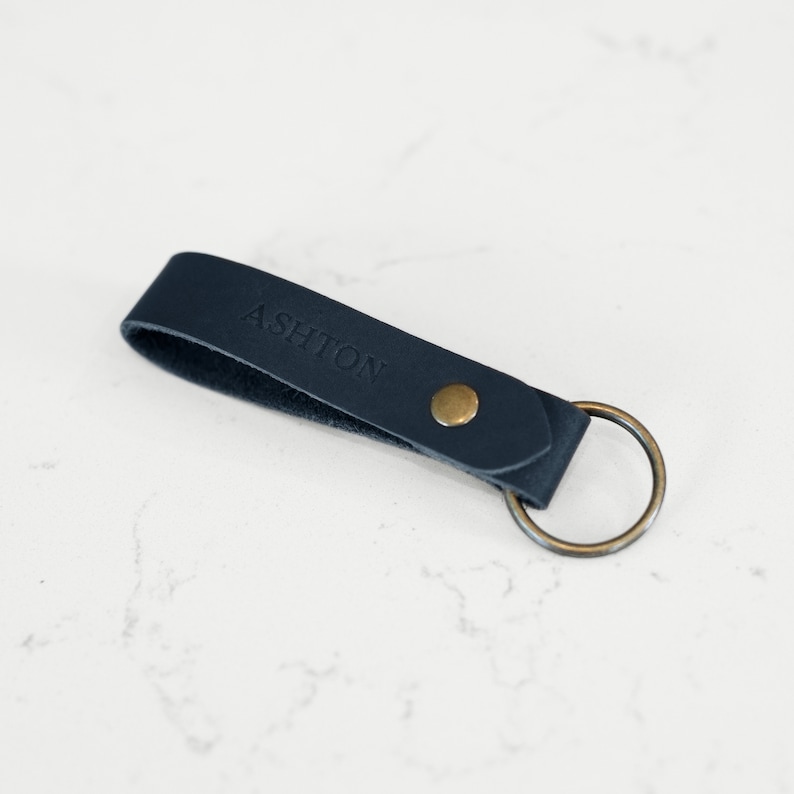 Limited Edition Indigo Personalized Leather Keychain. Indigo Leather key chain. Handmade in USA. Gold and Silver Foil Available. Indigo w/ No Foil