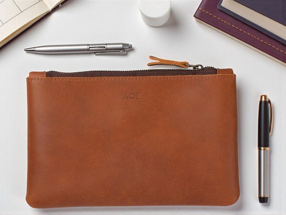 Northwind Personalized Leather Zipper Pouch, Monogram Makeup Bag, Travel Organizer, Pencil Case, Custom Leather Gift, Handmade USA