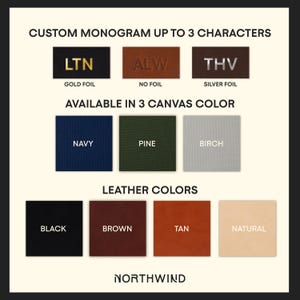 May include: Promotional image detailing custom monogram options with gold, no, and silver foil. It displays three canvas colours: navy, pine, and birch. Leather colours include black, brown, tan, and natural. The brand name "NORTHWIND" is shown.