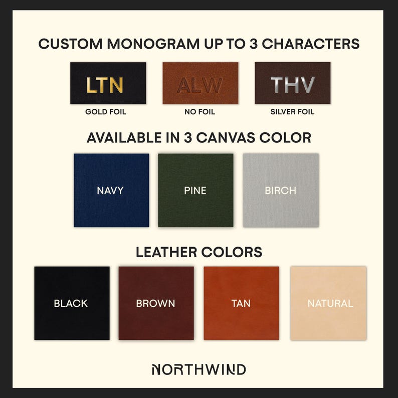 May include: Promotional image detailing custom monogram options with gold, no, and silver foil. It displays three canvas colours: navy, pine, and birch. Leather colours include black, brown, tan, and natural. The brand name "NORTHWIND" is shown.