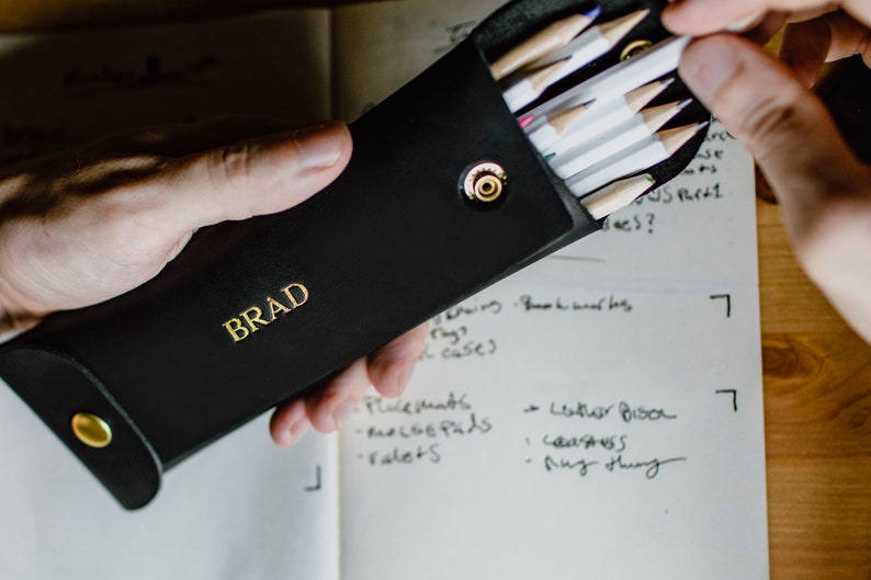 Custom Leather Pencil Case. Personalized Pencil Organizer. Black - Standard