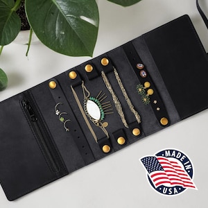 Northwind Personalized Leather Jewelry Organizer Roll, Handmade in USA Full Grain Leather Travel Jewelry Case with Monogram, Zipper Pocket