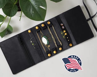 Personalized Leather Travel Jewelry Case, Monogram Jewelry Roll Organizer, Handmade in USA