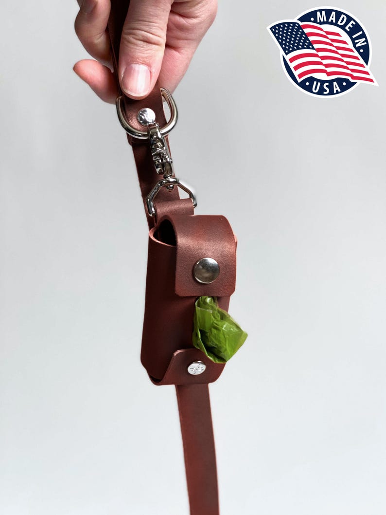 May include: A brown leather dog waste bag dispenser attached to a matching leather leash with a silver metal swivel snap hook and D-ring. The cylindrical holder features two silver snap buttons and contains a green plastic waste bag.