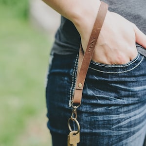 Personalized Leather Wristlet Keychain: Monogrammed Full-Grain Leather Wrist Strap