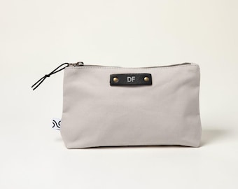 Northwind Personalized Canvas Cosmetic Pouch with Leather Patch, Custom Debossed Initials, Handmade in the USA, Makeup Bag, Gift for women