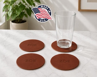 Personalized Leather Coasters Set of 4, Custom Monogram Coaster Set, Housewarming or 3rd Anniversary Gift