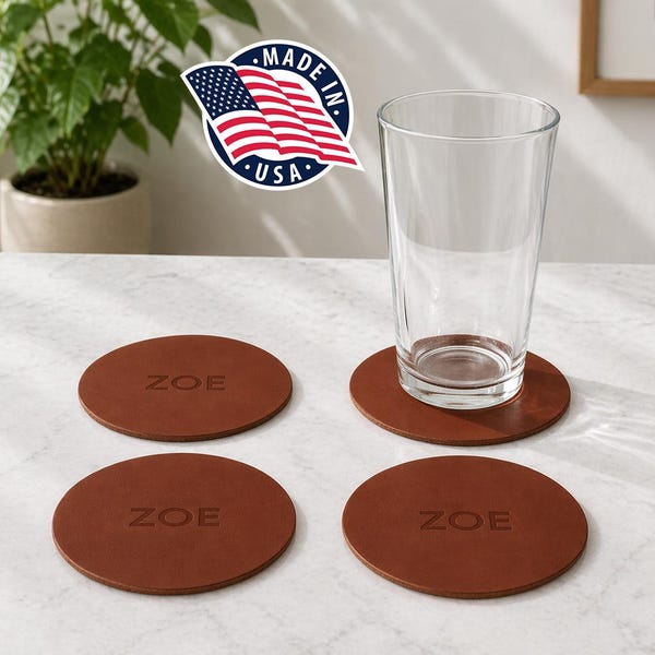 Northwind Personalized Leather Coasters Set of 4, Handmade in USA, Full Grain Round Drink Coasters, Custom Engraved Monogram Gift
