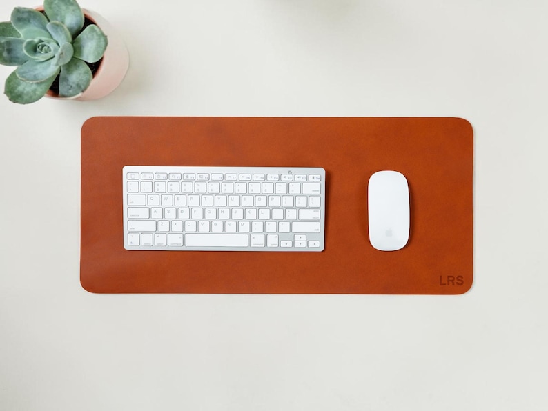 May include: A rectangular, brown leather desk mat with a white keyboard and mouse. A small succulent plant in a pink pot is in the upper left corner. The mat has the initials "LRS" in the lower right corner.