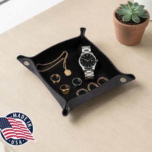 Northwind Personalized Leather Valet Tray, Custom Engraved Full Grain Catchall, Handmade in USA Desk or Nightstand Organizer, Gift for Men
