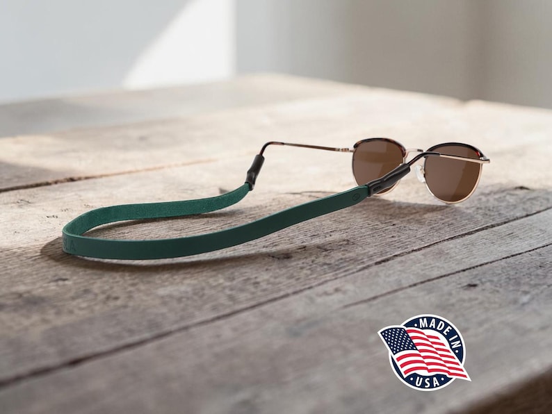 Northwind Personalized Sunglass Strap Custom Eyeglass Strap Engraved Full Grain Leather Eyewear Retainer Handmade USA Stylish Glasses Holder Emerald Green