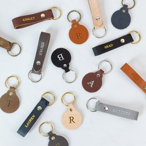 Custom Leather Circle Keychain. Monogrammed Personalized Full Grain Leather Keychain. Made In USA. Silver/Gold Foil Options. Classy Keyring image 2