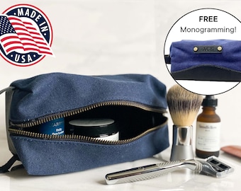 Monogrammed Canvas Leather Dopp Kit: Personalized Toiletry Bag, Made in USA
