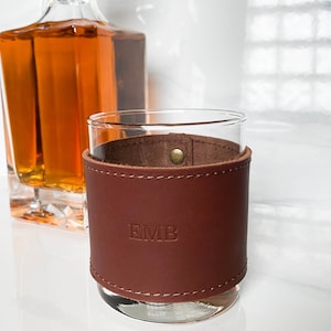 Monogrammed Leather Rocks Glass Cover. 10.5 oz Glass INCLUDED.  Personalized Genuine Leather Old Fashioned Glass. Gift for Dad. Made in USA.
