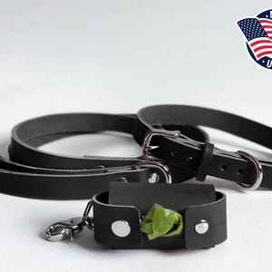 May include: A black leather dog collar and matching leash set with silver-toned metal hardware, accompanied by a small black leather waste bag dispenser featuring a silver snap closure and a green plastic waste bag visible inside.