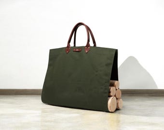 Northwind Personalized Canvas Firewood Log Carrier, Handmade in USA, Full Grain Leather Handles, Custom Leather Patch Tote