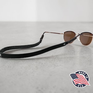 Northwind Personalized Sunglass Strap Custom Eyeglass Strap Engraved Full Grain Leather Eyewear Retainer Handmade USA Stylish Glasses Holder Black