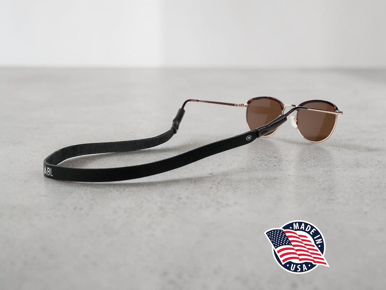 Northwind Personalized Sunglass Strap Custom Eyeglass Strap Engraved Full Grain Leather Eyewear Retainer Handmade USA Stylish Glasses Holder Black