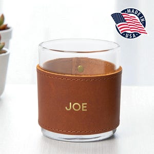 Northwind Personalized Leather Rocks Glass Sleeve with 10.5oz Whiskey Glass, Handmade in USA, Custom Engraved Monogram Gift for Men