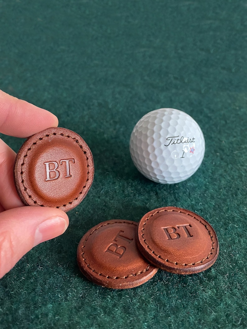 Premium Leather Golf Ball Marker SET OF 2 Made with 100% Full Grain Vegetable Tanned Leather. 1.5 Wide. Made in the USA. Genuine Leather. Brown