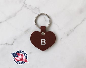 Personalized Leather Heart Keychain, Initial Heart Key Chain & Bag Charm, Gift for Her or Girlfriend, Made in USA