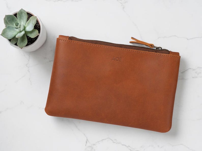 Pode incluir: Uma bolsa de couro castanho com fecho de correr e as letras "ACE" em relevo na frente. Uma pequena planta suculenta num vaso branco est&aacute; no canto superior esquerdo. A bolsa &eacute; retangular.
