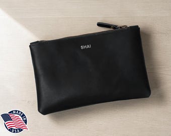 Personalized Makeup Bag, Full-Grain Leather Zipper Pouch & Toiletry Bag with Monogram, Made in USA