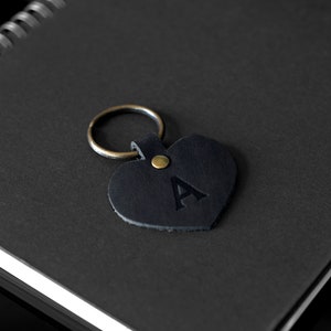 Custom Leather Heart Keychain. Personalized Key fob. Monogrammed Full Grain Leather key chain. Made in USA. Gold and Silver Foil Available. Navy w/ No Foil