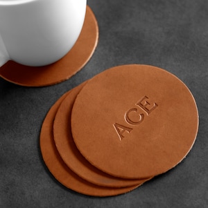 Custom Leather Circle Coasters - Set of 4. Monogram Coaster Set. Personalized Coasters. Multiple Colors, Gold & Silver Options Available.