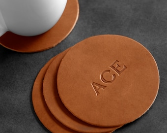 Custom Leather Circle Coasters - Set of 4. Monogram Coaster Set. Personalized Coasters. Multiple Colors, Gold & Silver Options Available.