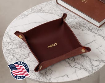 Personalized Leather Dresser Tray, Handmade Catchall Organizer for Watch, Wallet & Keys, USA Made