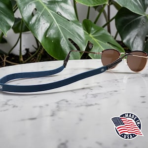 Northwind Personalized Sunglass Strap Custom Eyeglass Strap Engraved Full Grain Leather Eyewear Retainer Handmade USA Stylish Glasses Holder Navy