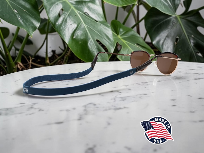Northwind Personalized Sunglass Strap Custom Eyeglass Strap Engraved Full Grain Leather Eyewear Retainer Handmade USA Stylish Glasses Holder Navy