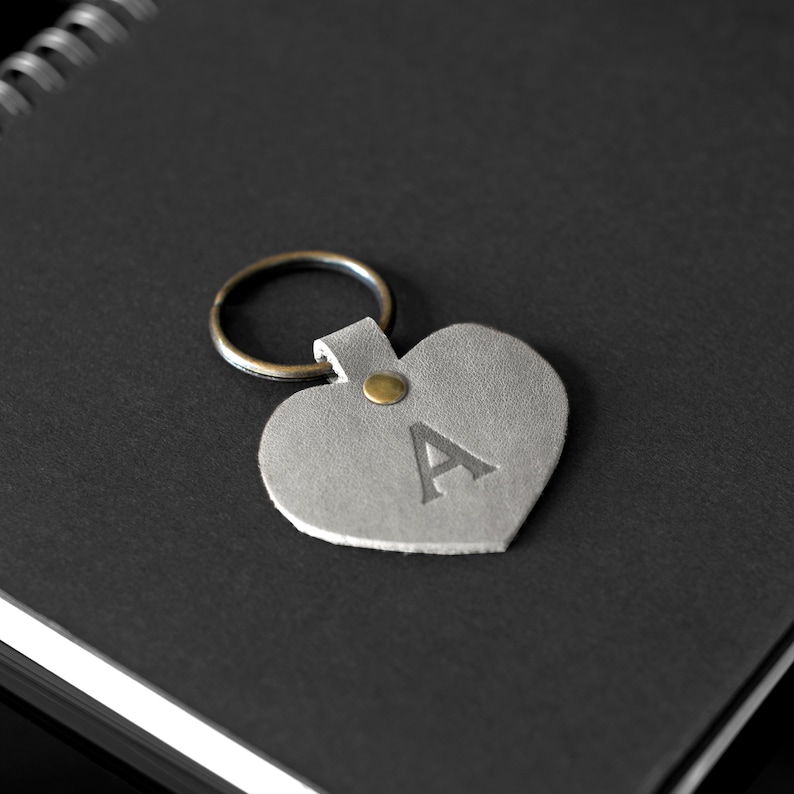 Custom Leather Heart Keychain. Personalized Key fob. Monogrammed Full Grain Leather key chain. Made in USA. Gold and Silver Foil Available. Grey