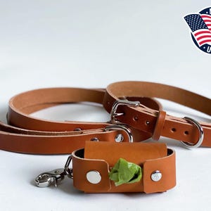 May include: A tan leather dog collar and matching leash set with silver-toned metal hardware, accompanied by a small tan leather waste bag dispenser featuring a silver snap closure and a green plastic waste bag protruding from the center.