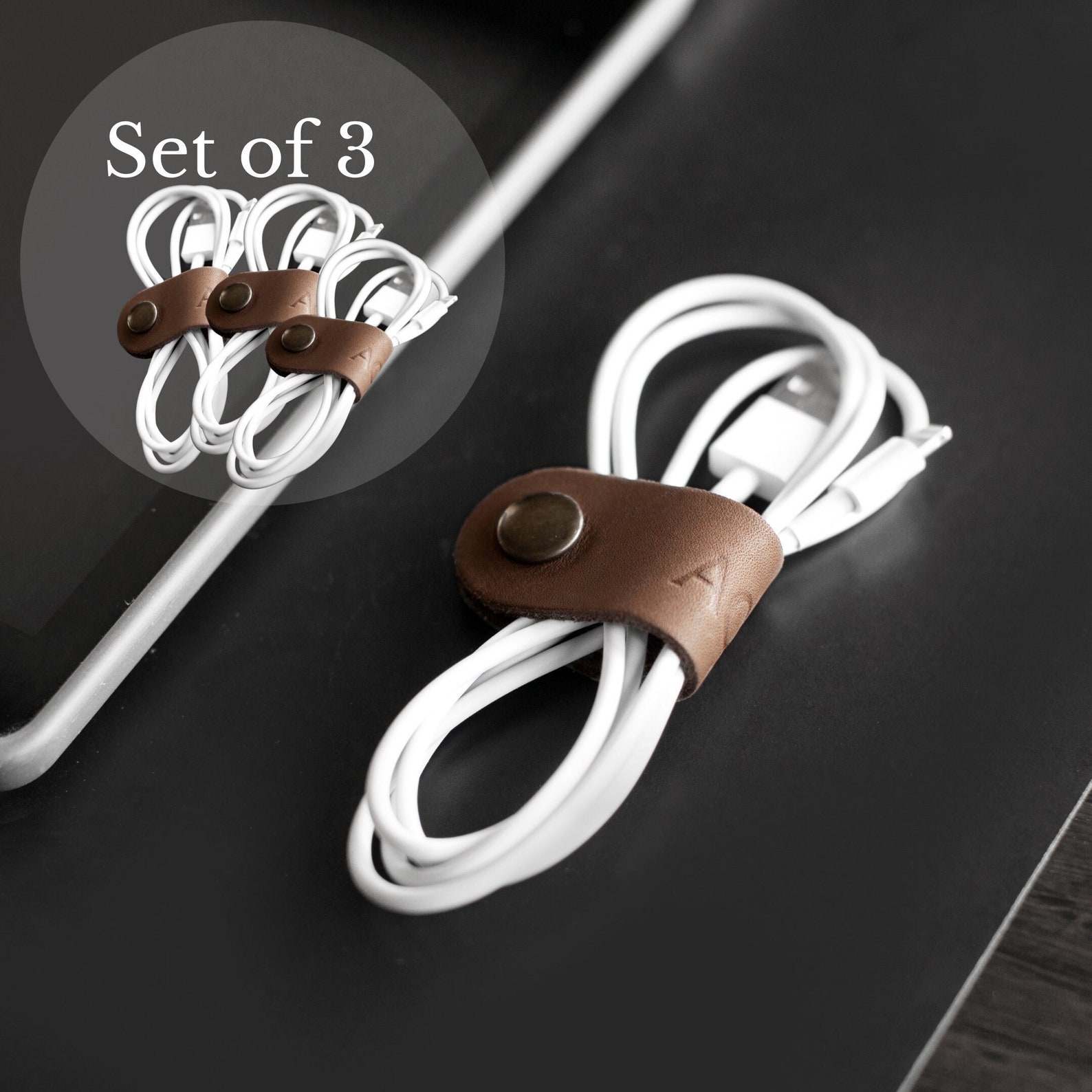 Set of 3 Custom Leather Cord Keeper. Premium Personalized Leather Cord