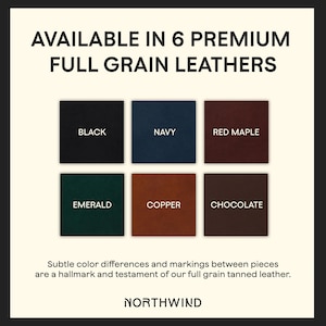 Puede incluir: Imagen que muestra seis colores de cuero de plena flor: negro, azul marino, arce rojo, esmeralda, cobre y chocolate. El texto dice "DISPONIBLE EN 6 CUEROS DE PLENA FLOR PREMIUM". Se destacan las sutiles diferencias de color y las marcas. Tambi&eacute;n se ve el nombre de la marca "NORTHWIND".