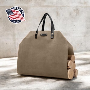 Northwind Personalized All Leather Firewood Log Carrier, Full Grain Leather, Handmade in USA, Minimalist Hearth Tote